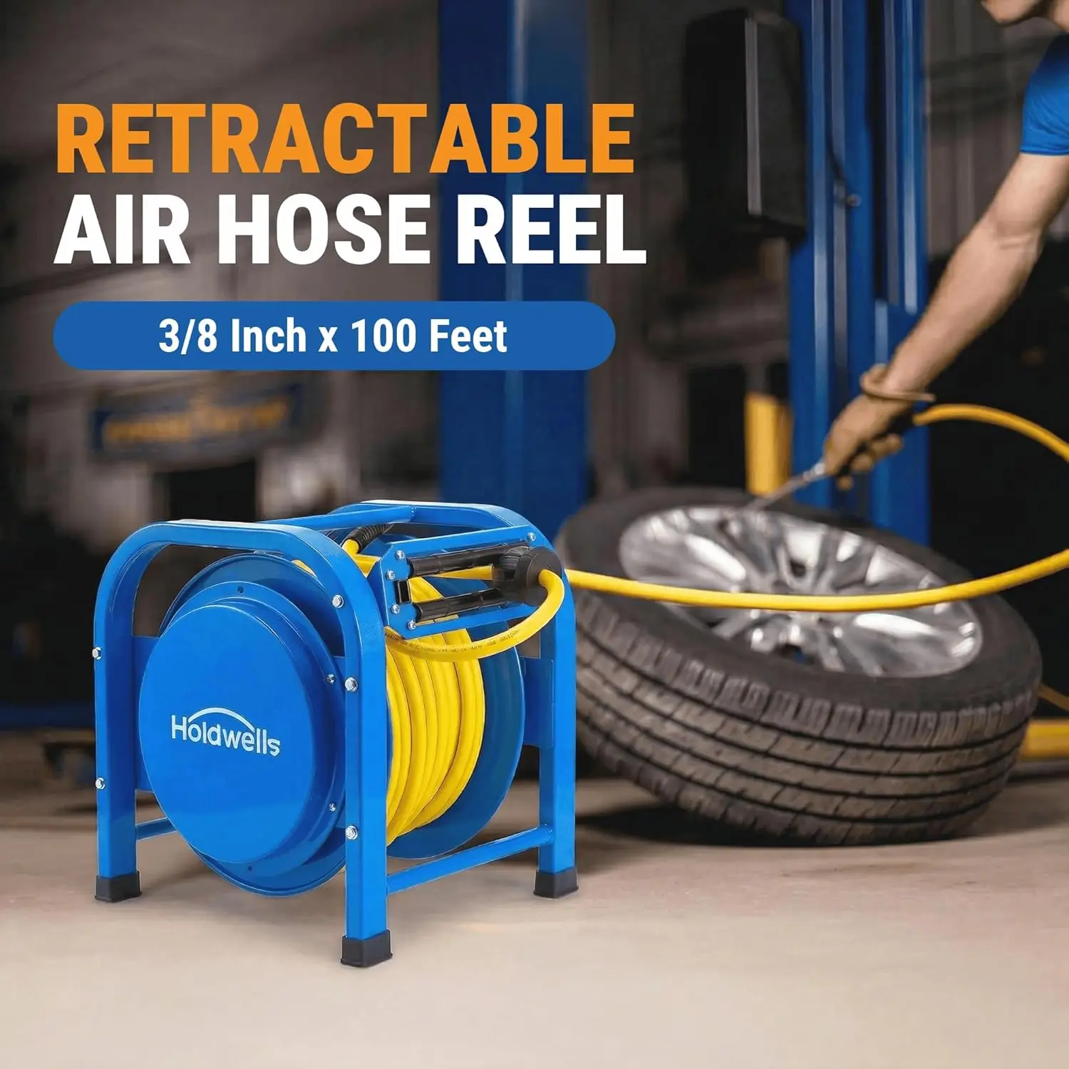Heavy Duty Retractable Air Hose Reel, 3/8" x 100FT Flex Hybrid Hose, 300PSI Max, Spring-Driven Steel Frame, Floor-Standing Quad
Heavy Duty Retractable Air Hose Reel, 3/8" x 100FT Flex Hybrid Hose, 300PSI Max, Spring-Driven Steel Frame, Floor-Standing Quad
