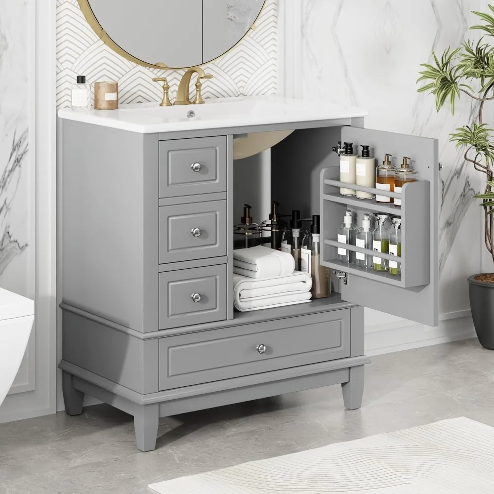 30" Bathroom cabinet with Sink, Multi-Functional Wood Storage Cabinet Organizer Door Shelf, Left Side Drawers, Soft-Closing Door
30" Bathroom cabinet with Sink, Multi-Functional Wood Storage Cabinet Organizer Door Shelf, Left Side Drawers, Soft-Closing Door
