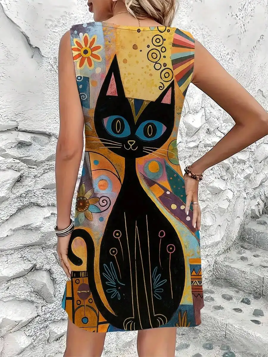 Womens Sleeveless A-Line Dress With 3D Colorful Cat Print Bohemian Style Round Neck Summer Casual Maxi Dress
Womens Sleeveless A-Line Dress With 3D Colorful Cat Print Bohemian Style Round Neck Summer Casual Maxi Dress