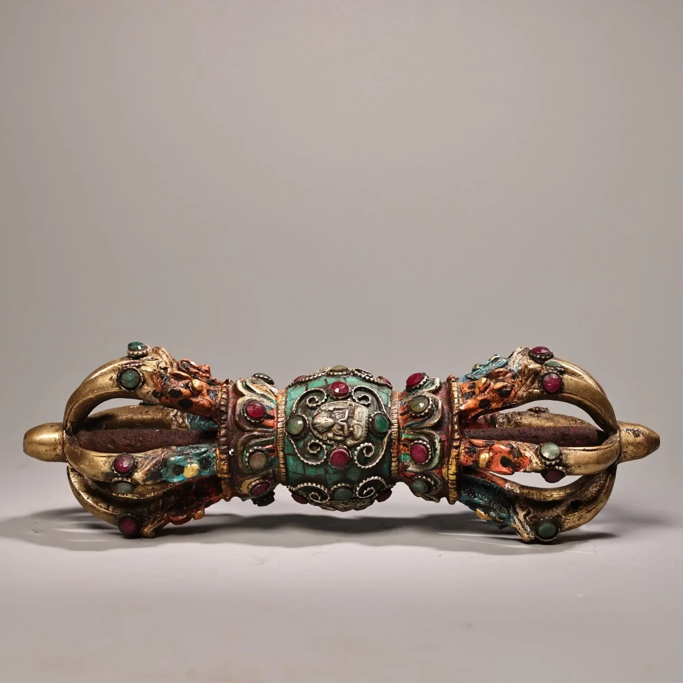 9"Tibetan Temple Collection Old Bronze Outline in gold Painted Mosaic Gem Turquoise Nine Shares Vajra Phurpa Amulet Worship Hall
9"Tibetan Temple Collection Old Bronze Outline in gold Painted Mosaic Gem Turquoise Nine Shares Vajra Phurpa Amulet Worship Hall