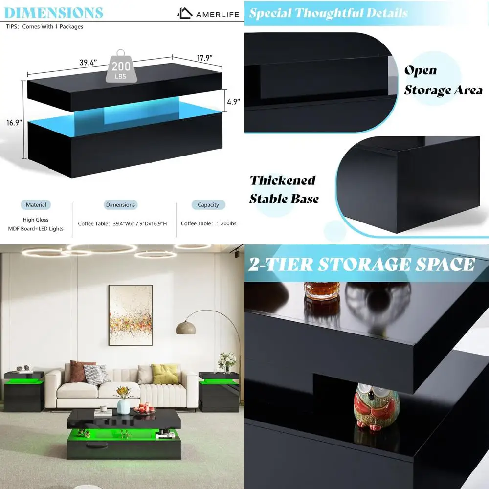 Glossy 2-Tier LED Coffee Table with Open Storage, 40in Rectangular Side Table for Living Room, Black
Glossy 2-Tier LED Coffee Table with Open Storage, 40in Rectangular Side Table for Living Room, Black