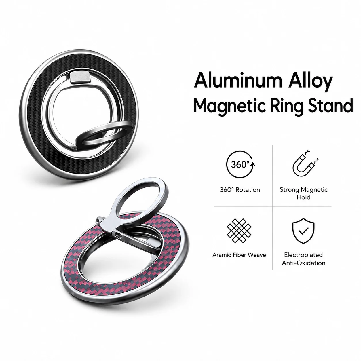Aluminum alloy frame, aramid fiber braided magnetic ring phone holder, 360° rotating, three-fold design with MagSafe.
Aluminum alloy frame, aramid fiber braided magnetic ring phone holder, 360° rotating, three-fold design with MagSafe.