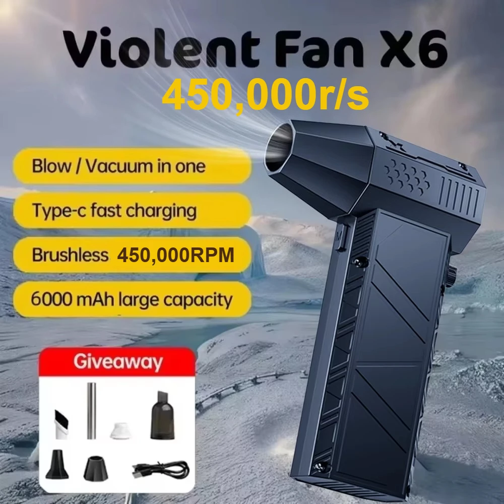 450000RPM Powerful Air Blower, Portable Brushless Violent Fan with 6 Nozzles for Car, Computer Cleaning & Camping
450000RPM Powerful Air Blower, Portable Brushless Violent Fan with 6 Nozzles for Car, Computer Cleaning & Camping