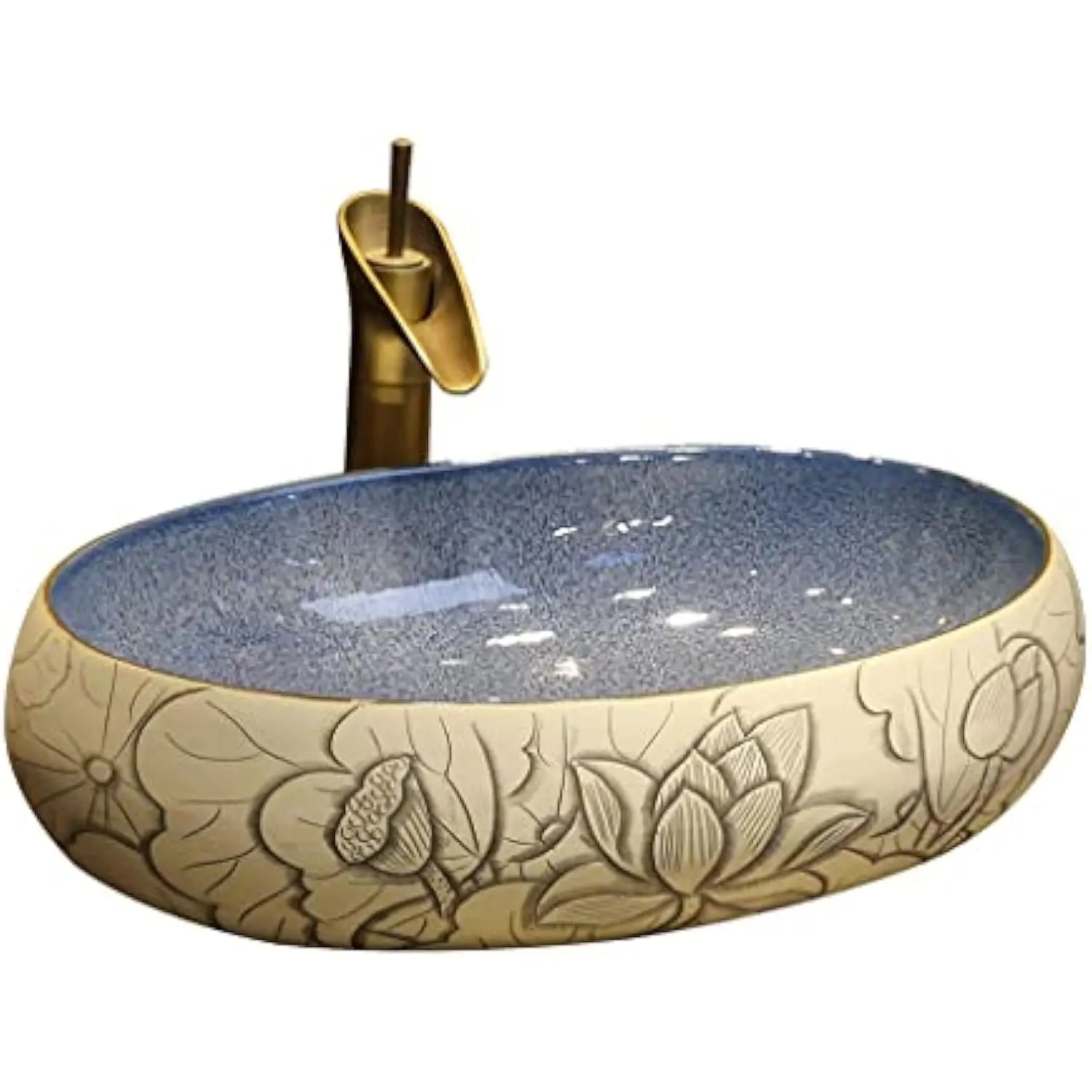 Bathroom Sink Bathroom Vessel Sink Carved Lotus Art Countertop Basin Bathroom Utensils Sink Oval Ceramic Washbasin with Faucet
Bathroom Sink Bathroom Vessel Sink Carved Lotus Art Countertop Basin Bathroom Utensils Sink Oval Ceramic Washbasin with Faucet