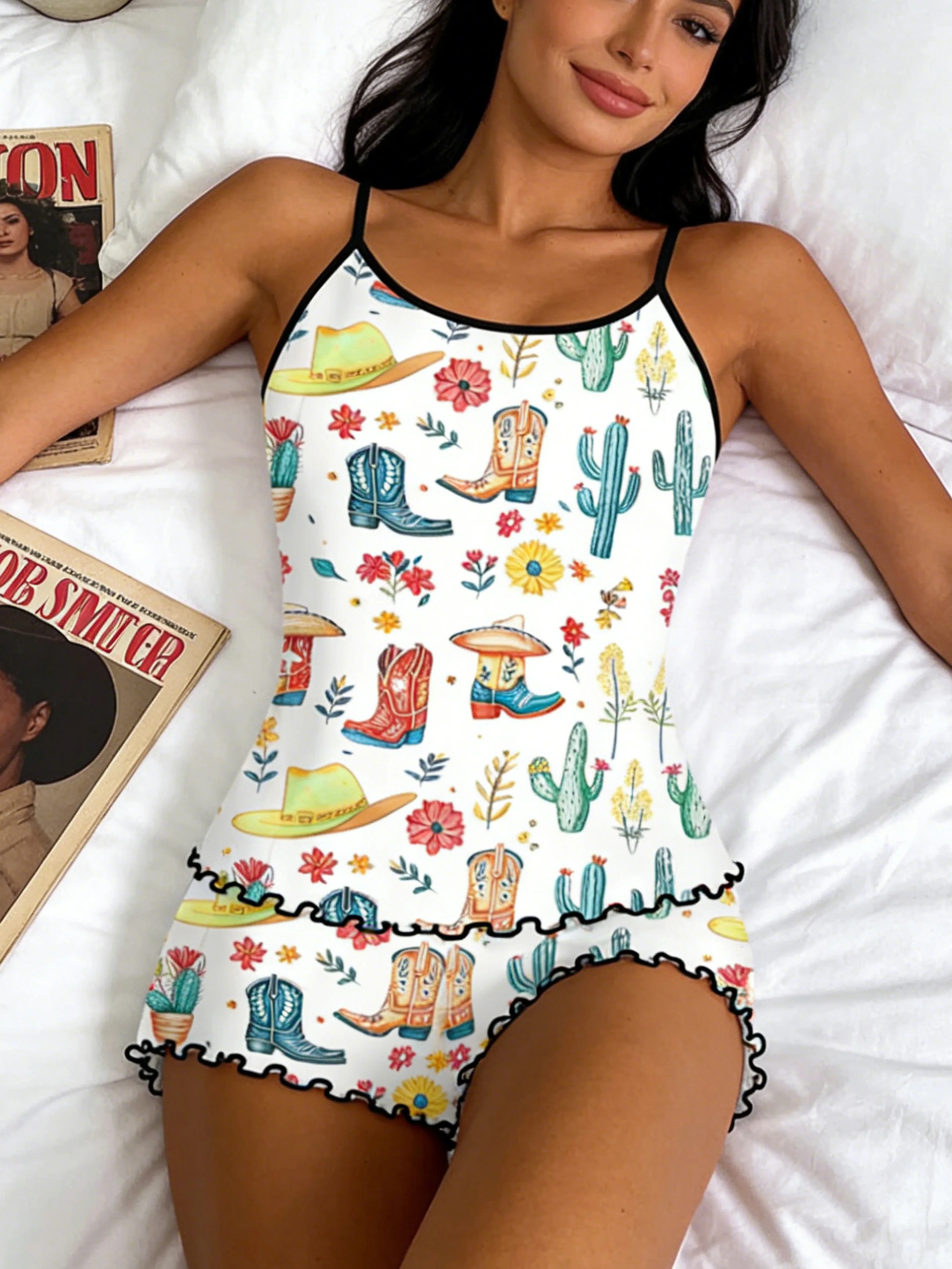 Women Spaghetti Strap Pajama Set Ruffle Trim Round Neck Sleeveless Cami & Shorts Spring Summer Fall Coquette Western Print
Women Spaghetti Strap Pajama Set Ruffle Trim Round Neck Sleeveless Cami & Shorts Spring Summer Fall Coquette Western Print
