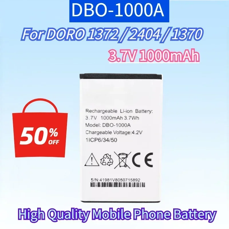 Новый высококачественный аккумулятор для мобильного телефона DBO-1000A 3,7 В, 1000 мАч для DORO 1372/2404/1370, перезаряжаемая батарея
Новый высококачественный аккумулятор для мобильного телефона DBO-1000A 3,7 В, 1000 мАч для DORO 1372/2404/1370, перезаряжаемая батарея