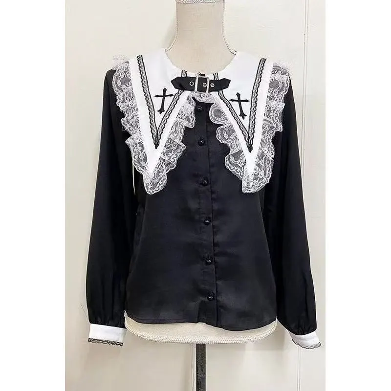 Japanese Kawaii Lolita Blouse Fairy Grunge Gothic Black White Lace Ruffles Cross Embroidery Long Sleeve Shirt Harajuku Y2K Tops
Japanese Kawaii Lolita Blouse Fairy Grunge Gothic Black White Lace Ruffles Cross Embroidery Long Sleeve Shirt Harajuku Y2K Tops