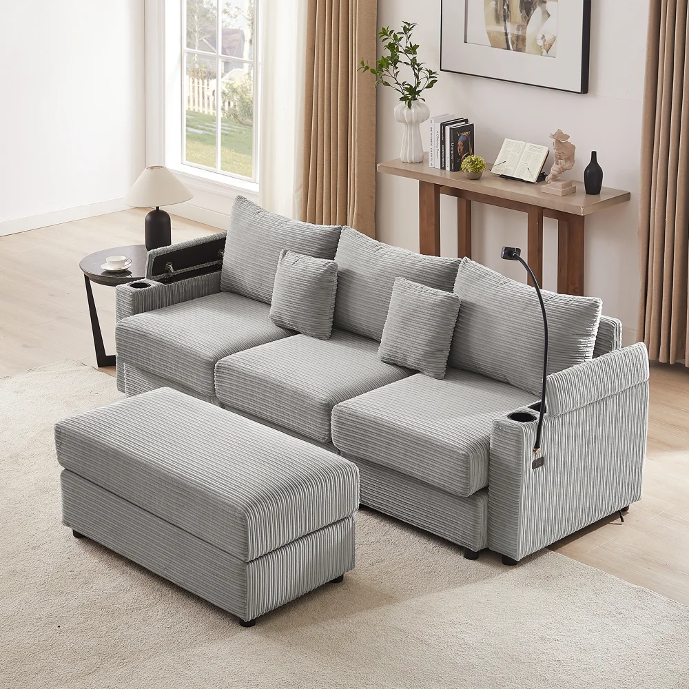 Modern Style Single Sofa Sofa Couch with Storage Space, A Movable Ottoman, Two USB Ports, Two Cup Holders, A Phone Holder for Li
Modern Style Single Sofa Sofa Couch with Storage Space, A Movable Ottoman, Two USB Ports, Two Cup Holders, A Phone Holder for Li