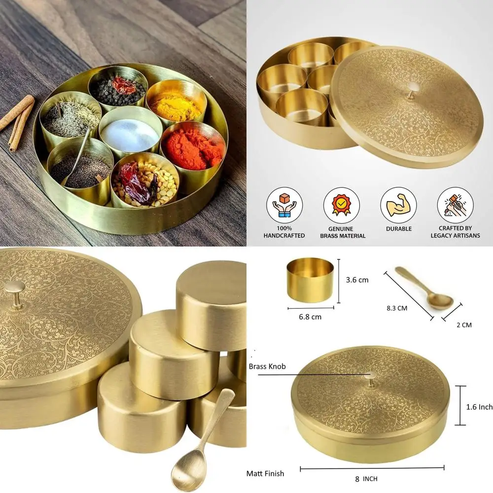 8-Inch Golden Brass Indian Spice Box with Spoon, 90ml Capacity, for Kitchen Storage
8-Inch Golden Brass Indian Spice Box with Spoon, 90ml Capacity, for Kitchen Storage