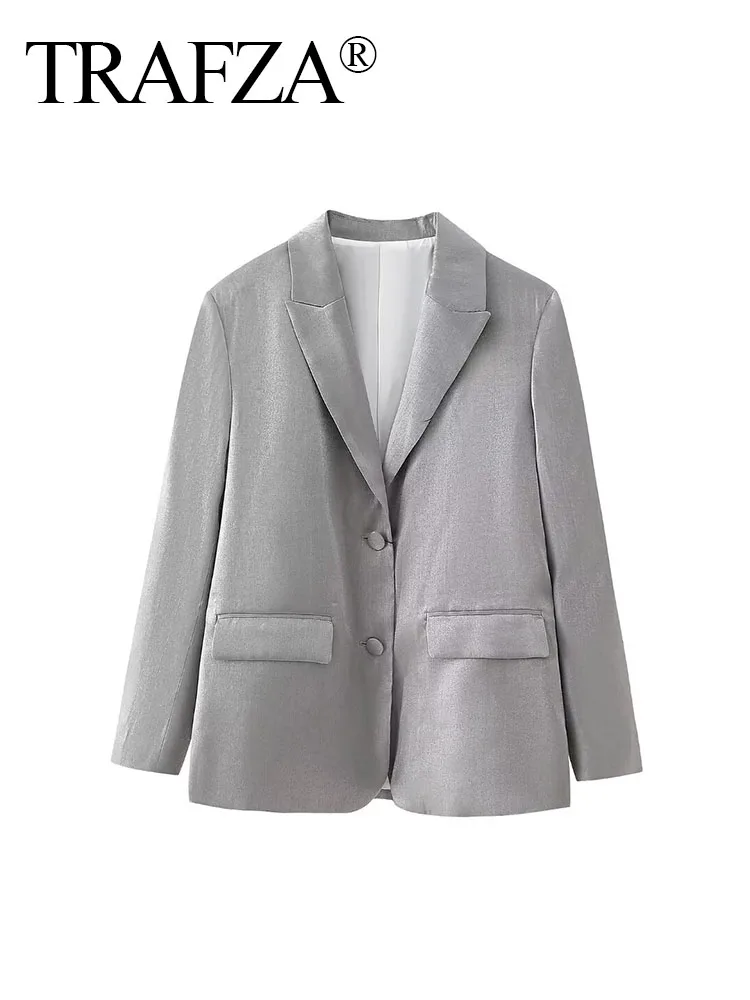 TRAFZA Spring Coats Woman Trendy Silver Turn-Down Collar Long Sleeves Pockets Single Breasted Female Fashion Blazer Office Lady
TRAFZA Spring Coats Woman Trendy Silver Turn-Down Collar Long Sleeves Pockets Single Breasted Female Fashion Blazer Office Lady