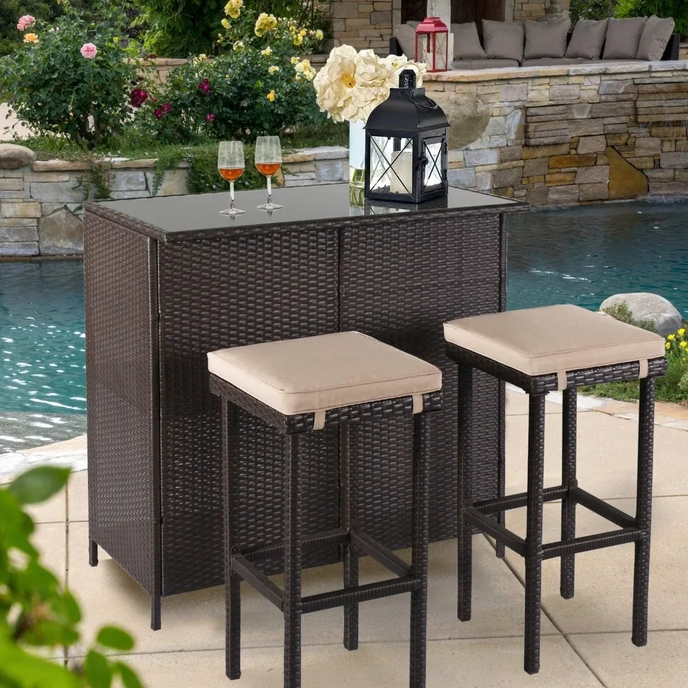 3-Piece Patio Bar Table Set Outdoor Wicker Bistro Set - Glass Bar and Two Stools with Cushions for Patios, Backyards, Porches, G
3-Piece Patio Bar Table Set Outdoor Wicker Bistro Set - Glass Bar and Two Stools with Cushions for Patios, Backyards, Porches, G