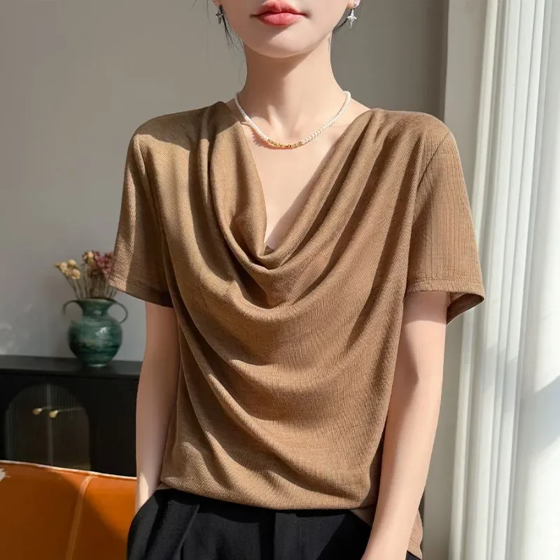 Elegant V Neck Knit T Shirt For Women Office Wear Asymmetrical Design Regular Fit Summer Casual Top
Elegant V Neck Knit T Shirt For Women Office Wear Asymmetrical Design Regular Fit Summer Casual Top