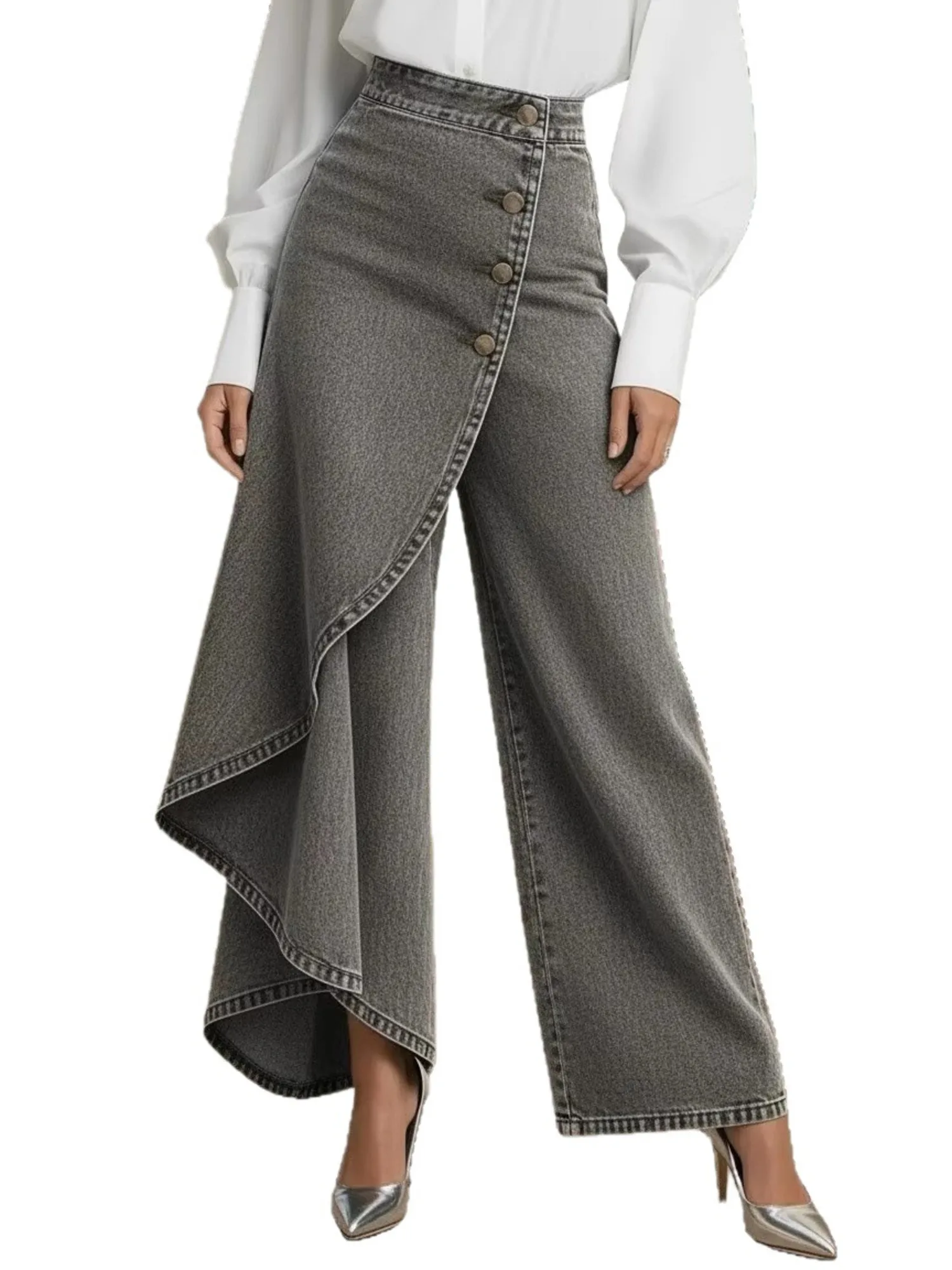 Women's Faux Wrap Asymmetric Ruffle Denim Wide Leg Pants High Waist Button Detail Vintage Washed Jeans 5 Colors
Women's Faux Wrap Asymmetric Ruffle Denim Wide Leg Pants High Waist Button Detail Vintage Washed Jeans 5 Colors
