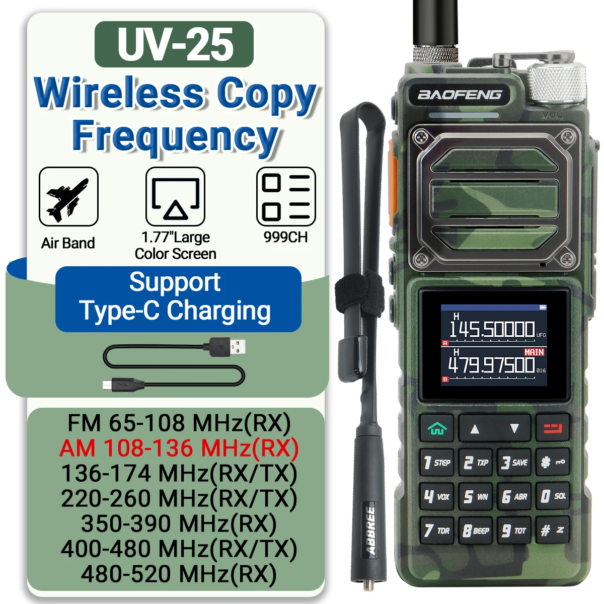 Baofeng UV-25 Air Band Walkie TalkieS дальнего действия UHF VHF Беспроводная частота копирования NOAA Type-C Charge AM Ham Двустороннее радио UV-21
Baofeng UV-25 Air Band Walkie TalkieS дальнего действия UHF VHF Беспроводная частота копирования NOAA Type-C Charge AM Ham Двустороннее радио UV-21