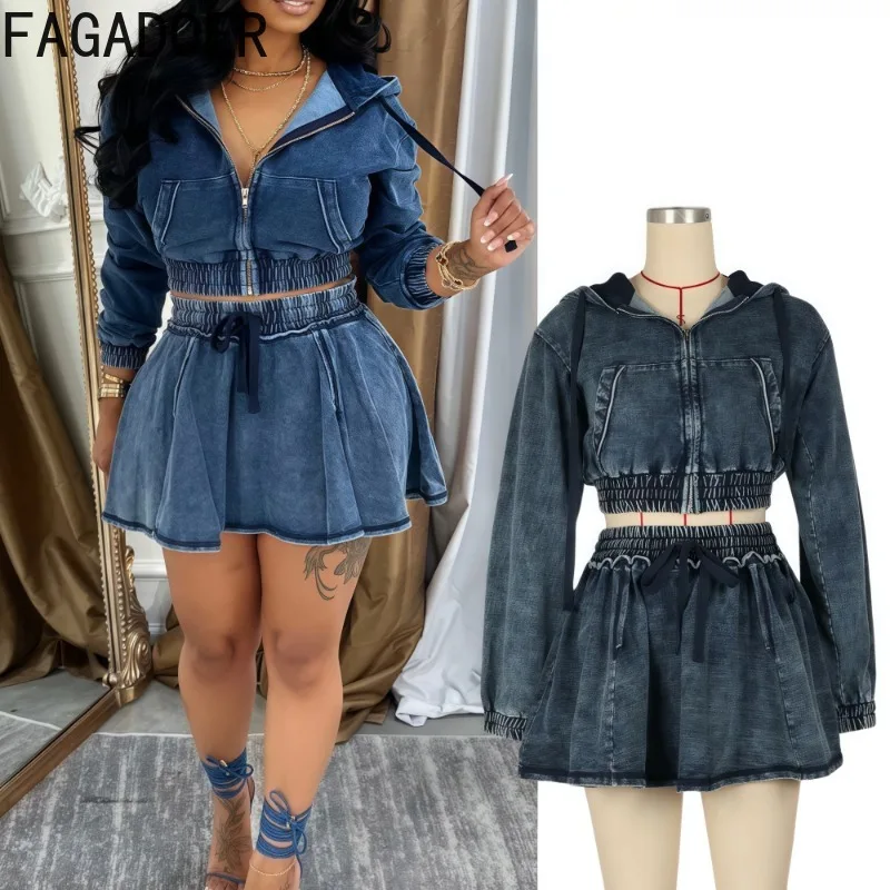 FAGADOER Fashion Denim 2 Pieces Set for Woman Wash Long Sleeve Hooded Crop Top and Pleated Skirts Matching Suits Streetwear New
FAGADOER Fashion Denim 2 Pieces Set for Woman Wash Long Sleeve Hooded Crop Top and Pleated Skirts Matching Suits Streetwear New