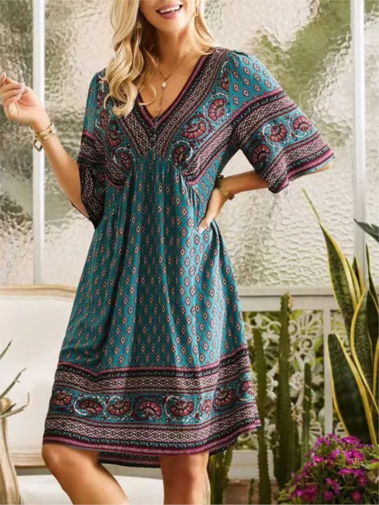 Women Vintage Boho Ethnic Style Print Loose Holiday Beach Midi Dress Summer V Neck Short Sleeve High Waist Elegant Party Dresses
Women Vintage Boho Ethnic Style Print Loose Holiday Beach Midi Dress Summer V Neck Short Sleeve High Waist Elegant Party Dresses