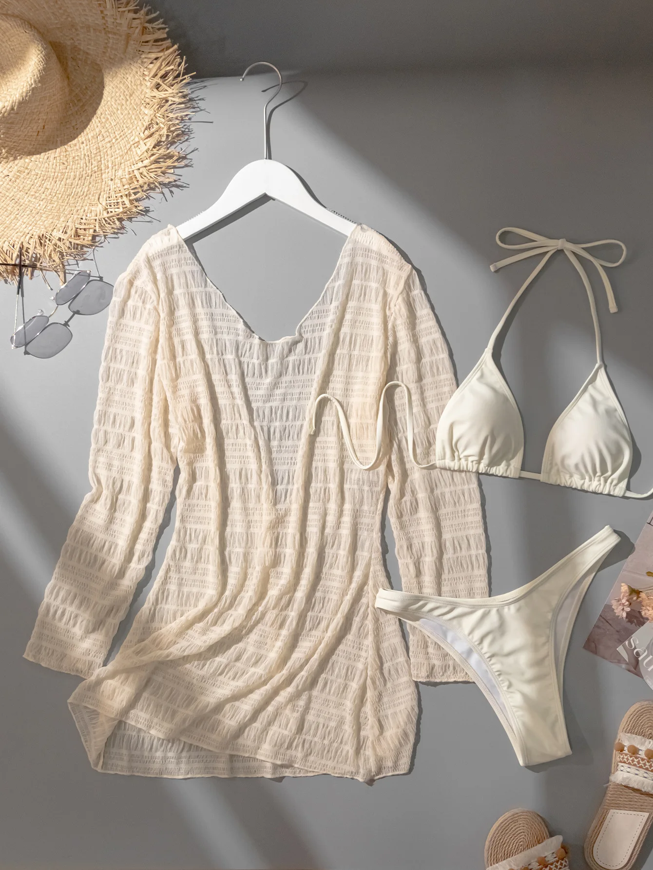Women Apricot Micro Mini Halter Bikini Sets Three Pieces with Wrinkled Perspective Cover Long Sleeve Dress Swimsuit Bathing Suit
Women Apricot Micro Mini Halter Bikini Sets Three Pieces with Wrinkled Perspective Cover Long Sleeve Dress Swimsuit Bathing Suit