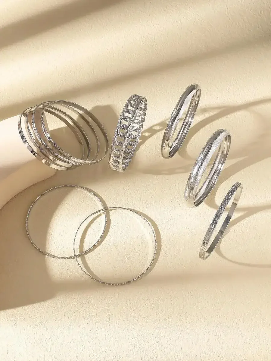 6pcs Set Fashionable Silver Tone Bracelets For Women Minimalist Elegant Twisted Rhinestone Smooth Surface Asymmetric Punk Style
6pcs Set Fashionable Silver Tone Bracelets For Women Minimalist Elegant Twisted Rhinestone Smooth Surface Asymmetric Punk Style