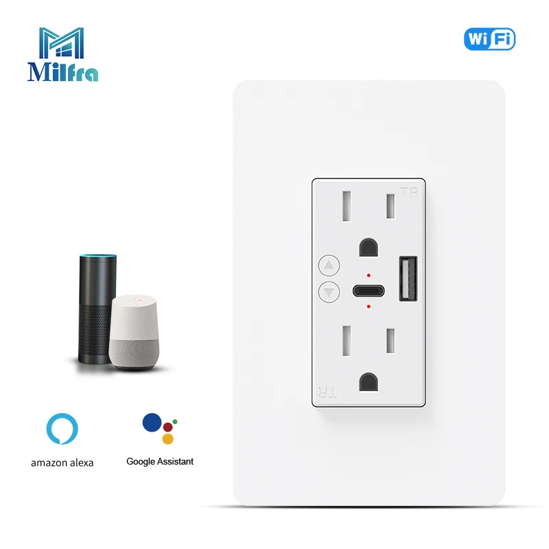 Milfra Wifi Smart Socket Wall US Plug Power Outlet With USB Type C Charging Port ON/OFF Tuya Smart Life APP Voice Remote Control
Milfra Wifi Smart Socket Wall US Plug Power Outlet With USB Type C Charging Port ON/OFF Tuya Smart Life APP Voice Remote Control