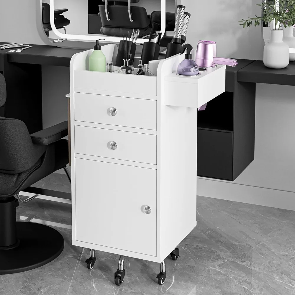 Salon storage trolley cart with 5 wheels, dual-access rolling barber station, hair dryer holders, towel rack, two-way drawers
Salon storage trolley cart with 5 wheels, dual-access rolling barber station, hair dryer holders, towel rack, two-way drawers