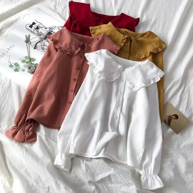 Shirts Women JK Femme Blusas Casual Flare Sleeve Lolita Peter Pan Collar Sweet Preppy Style Stylish Kawaii Simple Spring Solid
Shirts Women JK Femme Blusas Casual Flare Sleeve Lolita Peter Pan Collar Sweet Preppy Style Stylish Kawaii Simple Spring Solid