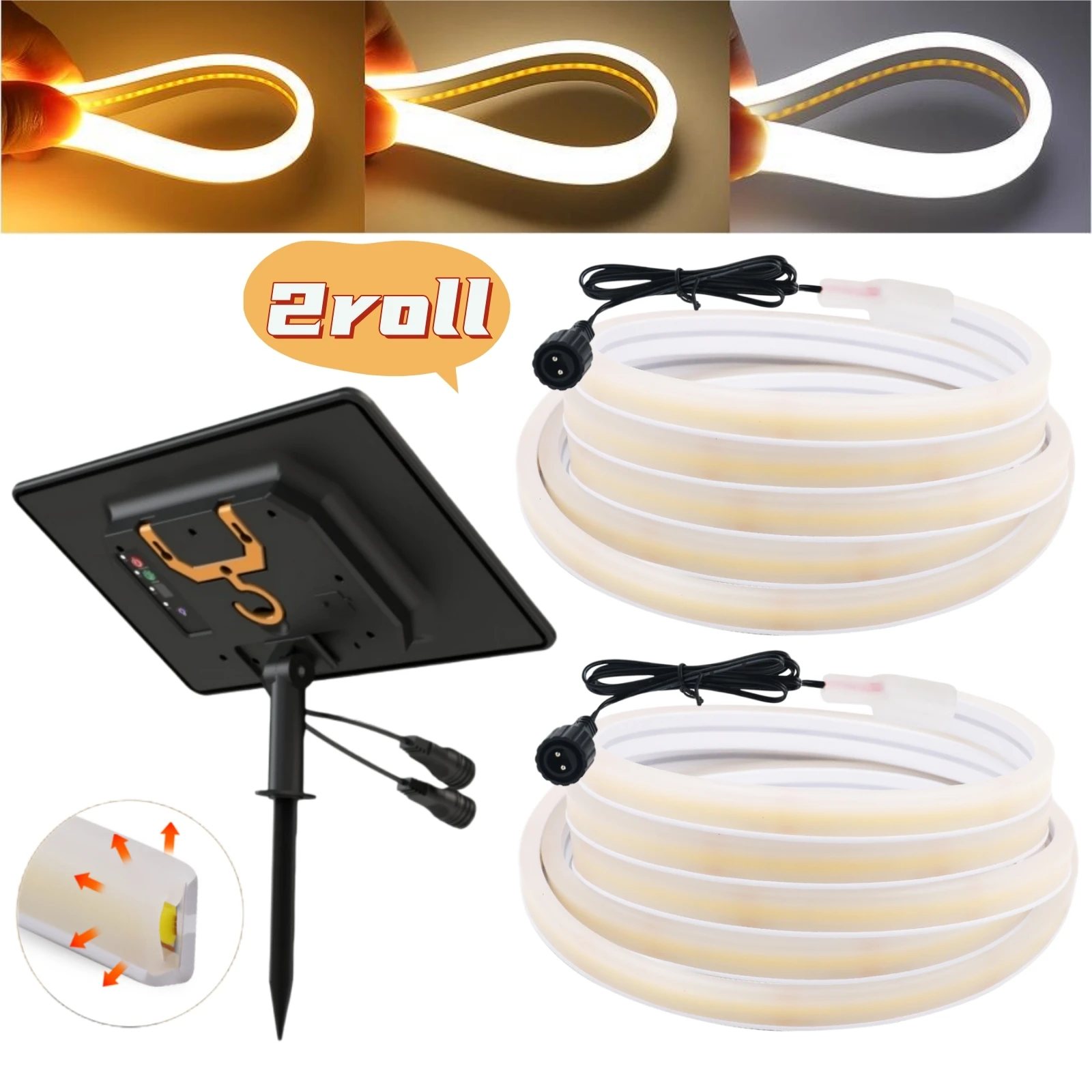 320LEDs/m COB Solar Neon Strip LED Lights 20m(2roll of 10m) Waterproof Flexible Double-sided Glow Linear Lighting Warm White
320LEDs/m COB Solar Neon Strip LED Lights 20m(2roll of 10m) Waterproof Flexible Double-sided Glow Linear Lighting Warm White