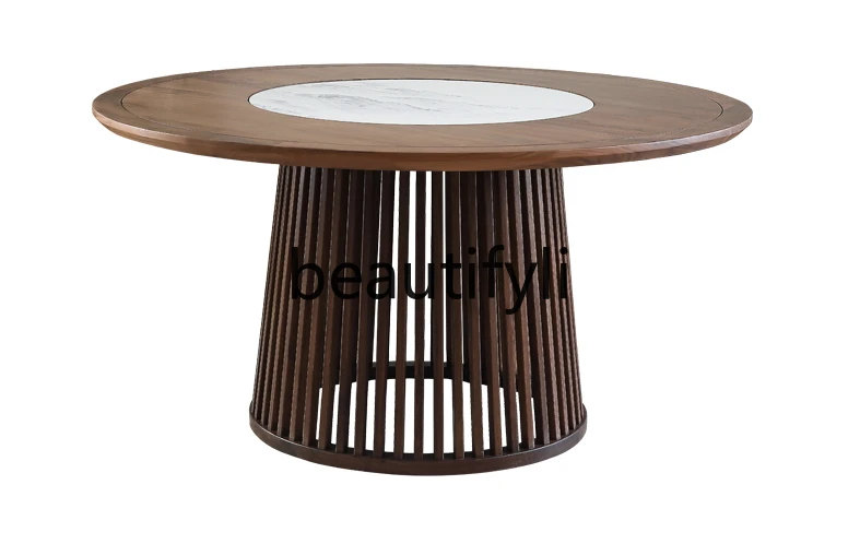 New Chinese black walnut log household round dining table, solid wood guest dining room with rock slab turntable round table
New Chinese black walnut log household round dining table, solid wood guest dining room with rock slab turntable round table