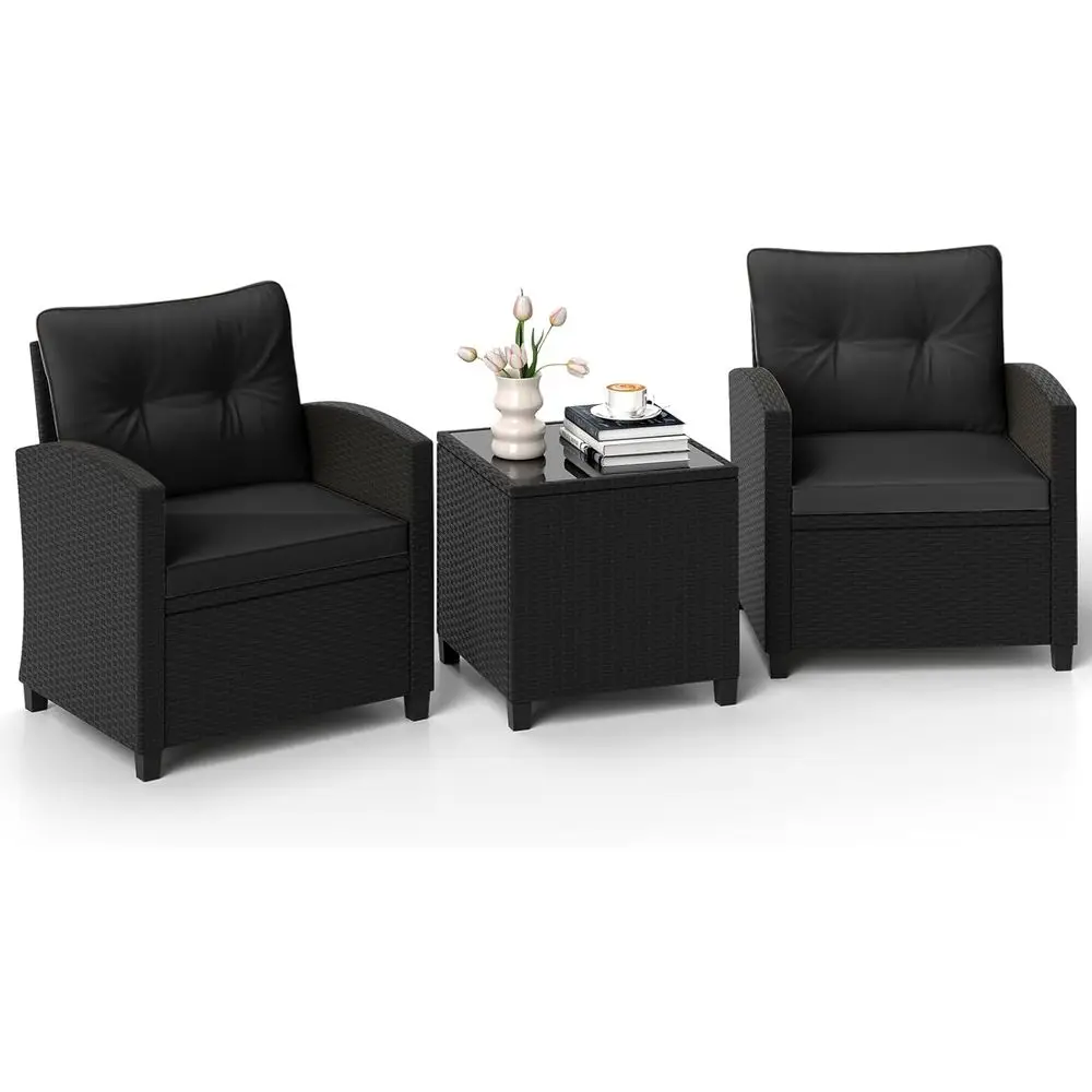 3-Piece Outdoor Wicker Patio Furniture Set with Cushions and Glass Top Coffee Table for Balcony, Deck, or Garden (Black)
3-Piece Outdoor Wicker Patio Furniture Set with Cushions and Glass Top Coffee Table for Balcony, Deck, or Garden (Black)