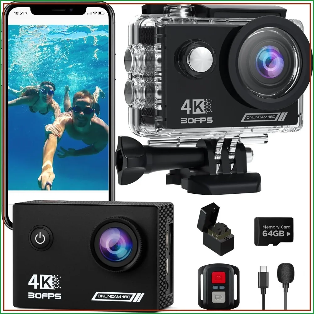 4K 30fps Action Camera with 64GB Card, Waterproof 131ft, 20MP, WiFi, Remote, 2 Batteries, Helmet Mount
4K 30fps Action Camera with 64GB Card, Waterproof 131ft, 20MP, WiFi, Remote, 2 Batteries, Helmet Mount