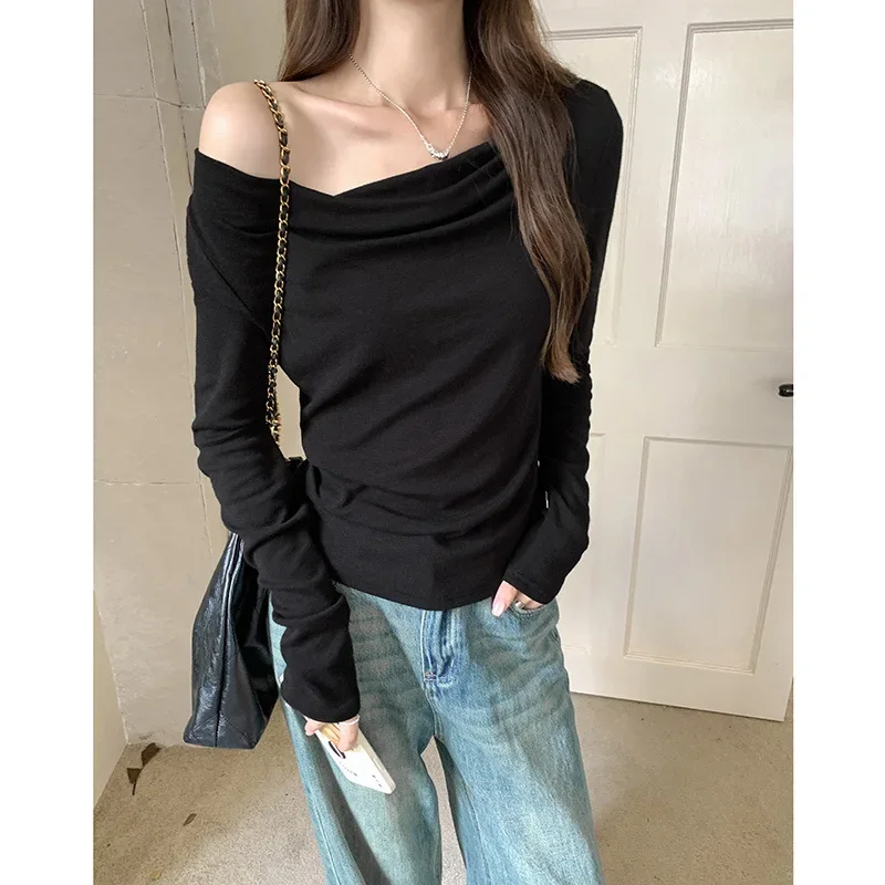 Fashionable Autumn New Design Long Sleeve T-Shirt Women's Slash Neck One Shoulder Top with Pleated Inner Shirt
Fashionable Autumn New Design Long Sleeve T-Shirt Women's Slash Neck One Shoulder Top with Pleated Inner Shirt