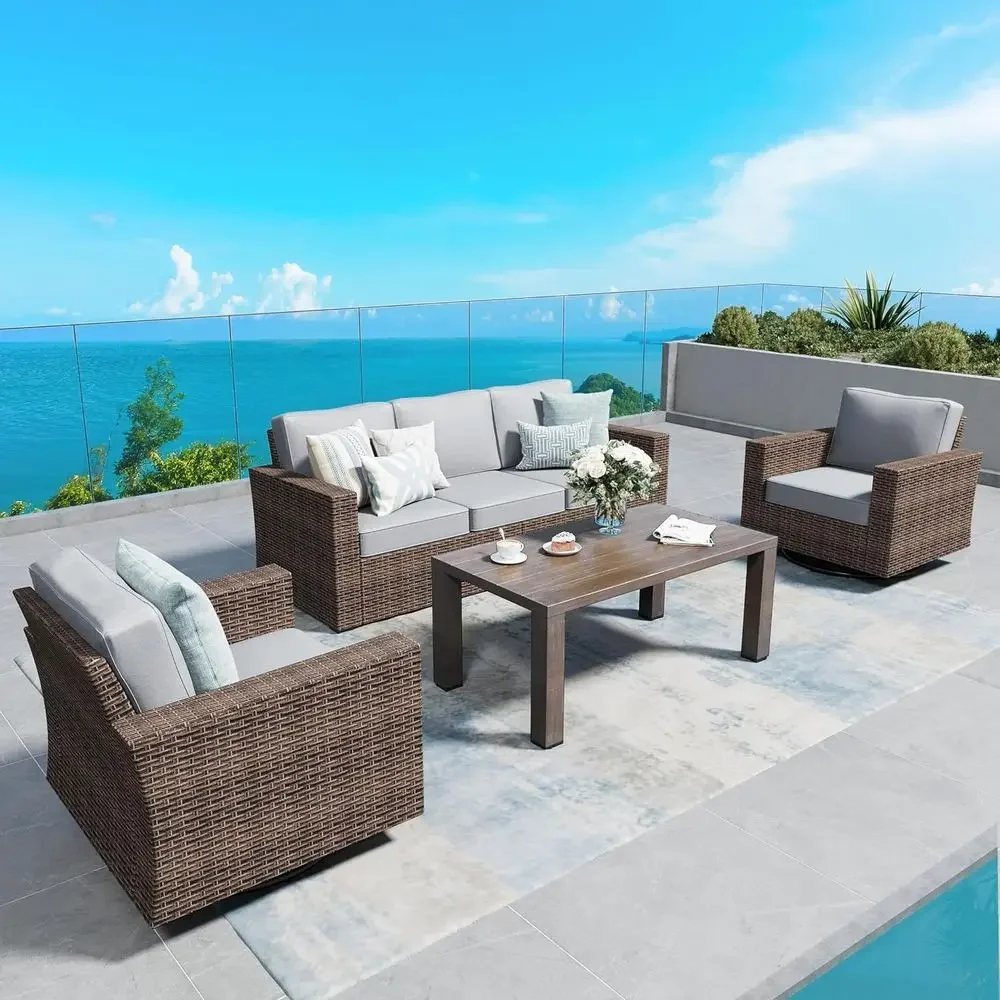 4-Piece Patio Furniture Set with Swivel Glide Chairs, Wicker Outdoor Seating, Wide Armrests, Deep Cushions, Grey
4-Piece Patio Furniture Set with Swivel Glide Chairs, Wicker Outdoor Seating, Wide Armrests, Deep Cushions, Grey