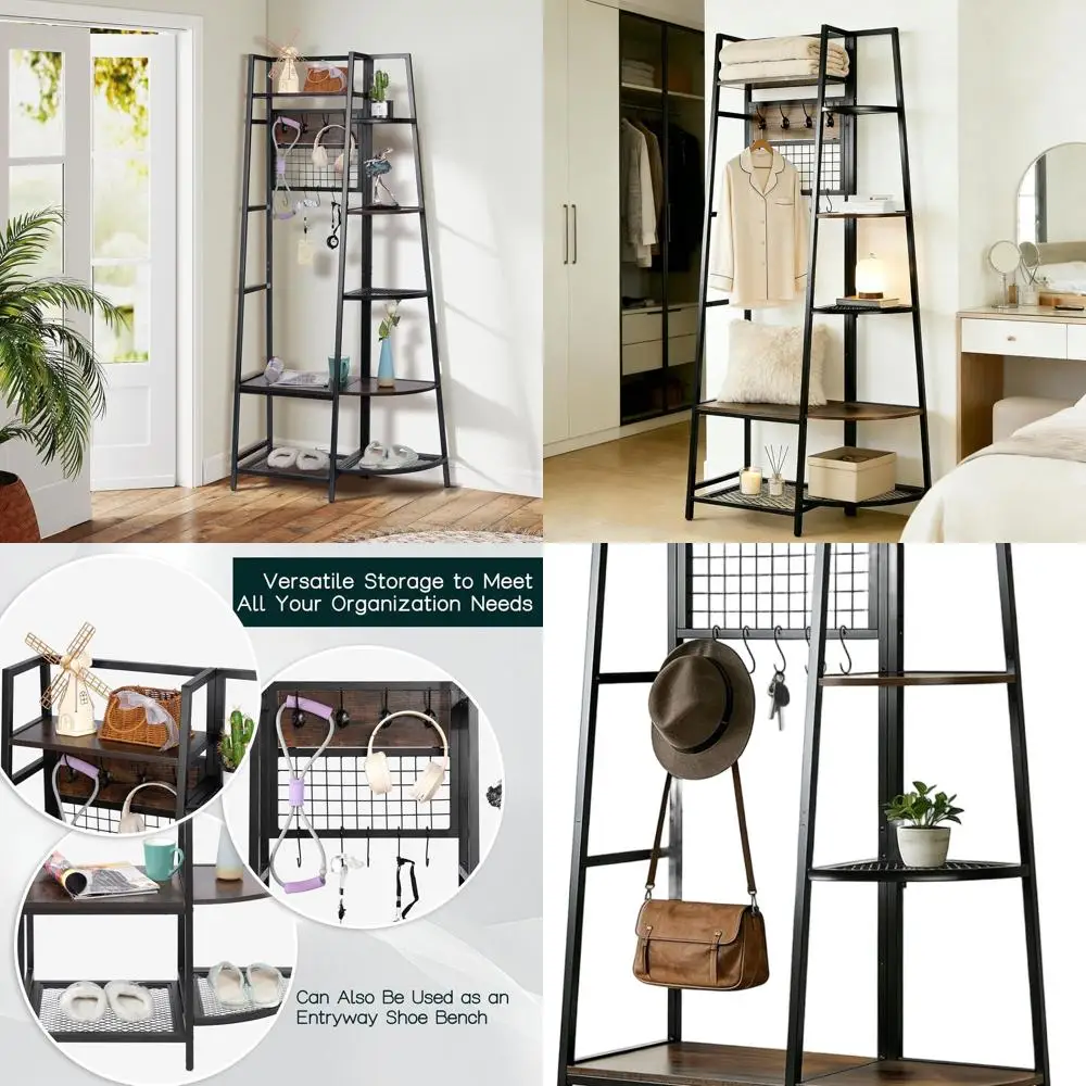 Отдельностоящий деревенский коричневый промышленный стеллаж для хранения с крючками и полками
Отдельностоящий деревенский коричневый промышленный стеллаж для хранения с крючками и полками