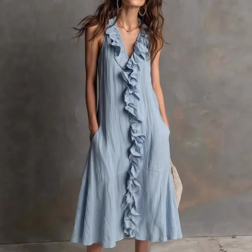 Women's Sexy Sleeveless V Neck Midi Dress Solid Ruffle Trim Loose Flowy With Pockets Summer Casual Vacation Women Outfit
Women's Sexy Sleeveless V Neck Midi Dress Solid Ruffle Trim Loose Flowy With Pockets Summer Casual Vacation Women Outfit