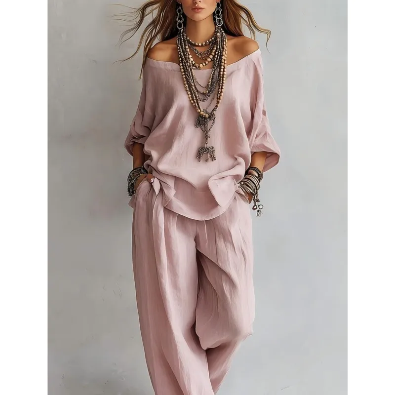 Summer New Casual Loose Linen Women's Two Piece Set Three-quarter Sleeve Off Shoulder Top Wide Leg Pants Suit Women Clothing
Summer New Casual Loose Linen Women's Two Piece Set Three-quarter Sleeve Off Shoulder Top Wide Leg Pants Suit Women Clothing