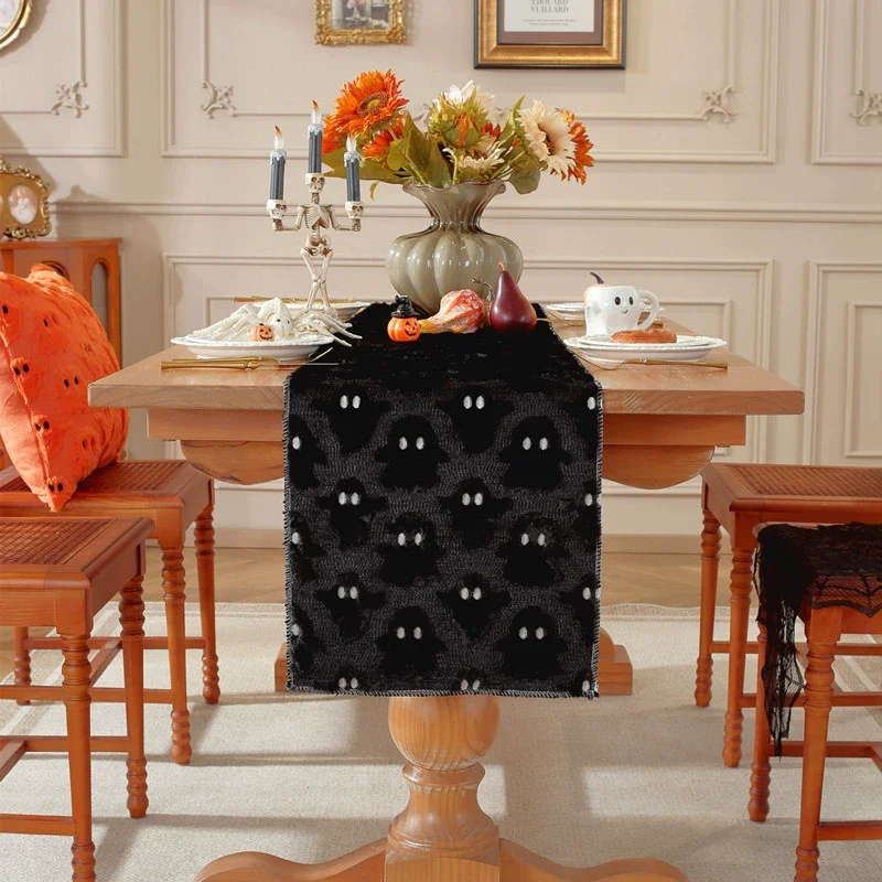 Black Ghost Soft Plush Faux Fur Jacquard Halloween Table Runner, Holiday Kitchen Dining Table Decoration for Home Party Decor
Black Ghost Soft Plush Faux Fur Jacquard Halloween Table Runner, Holiday Kitchen Dining Table Decoration for Home Party Decor