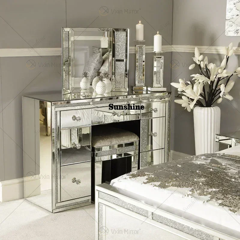 Crystal Shinny Mirrored Frame Decor Vanity Dresser Silver Glass Dressing Table For Bedroom FurnitureY
Crystal Shinny Mirrored Frame Decor Vanity Dresser Silver Glass Dressing Table For Bedroom FurnitureY