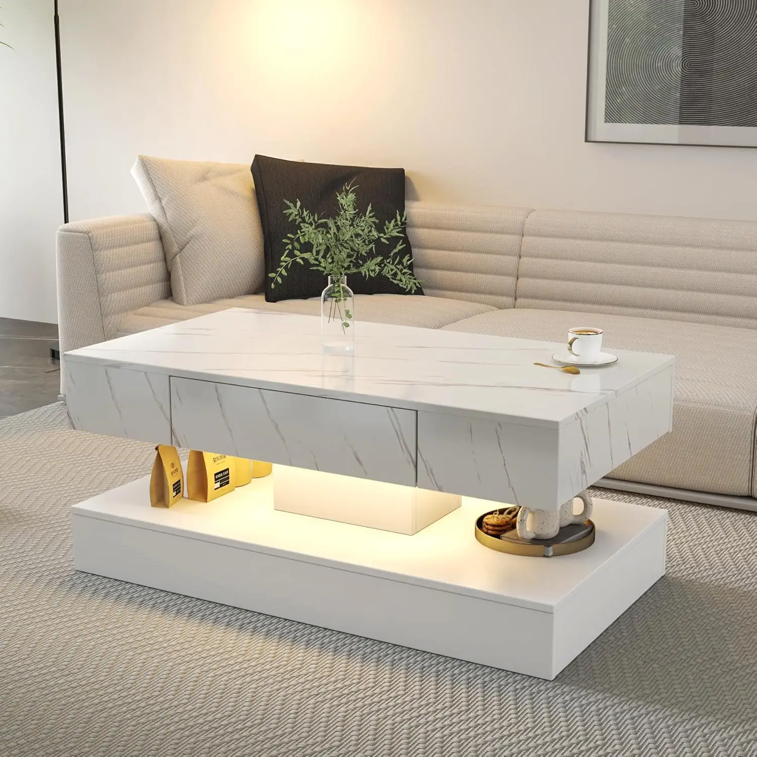 White Marble LED Coffee Table 39in Storage Drawers Open Shelf RGB Remote Living Room Customized
White Marble LED Coffee Table 39in Storage Drawers Open Shelf RGB Remote Living Room Customized