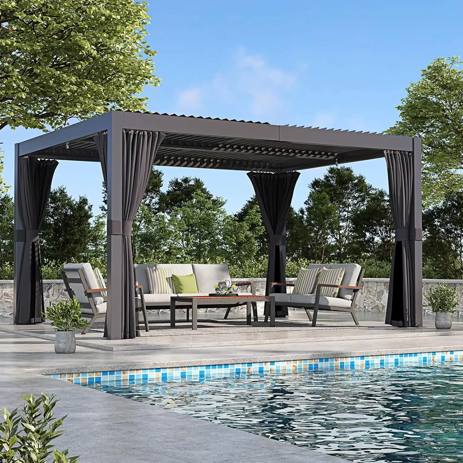 10'x13'Louvered Pergola: Adjustable Rainproof Roof, Hidden Drainage,Waterproof Curtains & Nets,Dark Grey, for Deck,Porch, Garden
10'x13'Louvered Pergola: Adjustable Rainproof Roof, Hidden Drainage,Waterproof Curtains & Nets,Dark Grey, for Deck,Porch, Garden