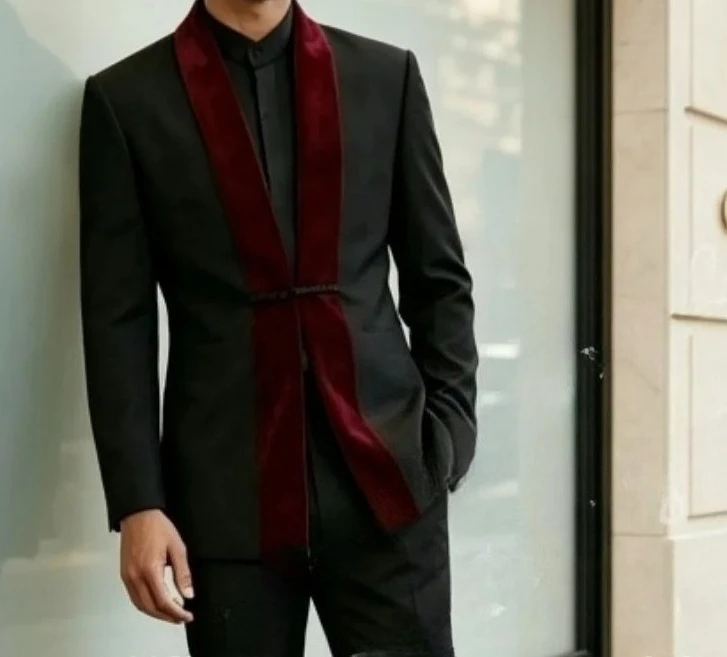 Men Black Tuxedo 2pcs Set Burgundy Velvet Peak Lapel Blazer Slim Pants 2026 Waist Buckle Tailored Fit For Wedding Party
Men Black Tuxedo 2pcs Set Burgundy Velvet Peak Lapel Blazer Slim Pants 2026 Waist Buckle Tailored Fit For Wedding Party