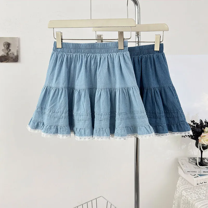 Summer Women's Blue Denim Half Skirt Lace Splicing Short Skirts 2026 New Elastic High Waist Slimming A-line Cake Skirts
Summer Women's Blue Denim Half Skirt Lace Splicing Short Skirts 2026 New Elastic High Waist Slimming A-line Cake Skirts