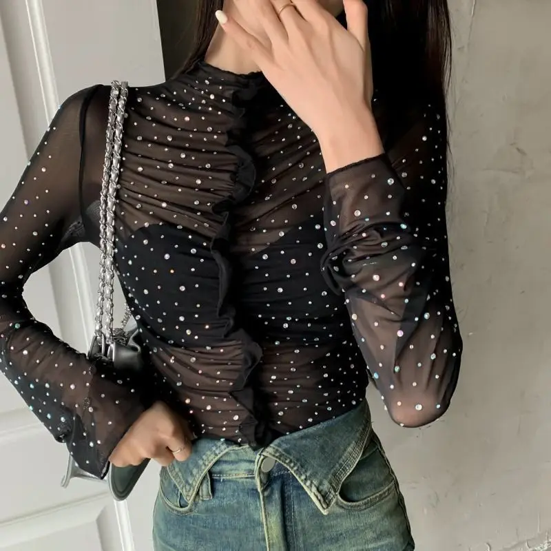 Sexy Shiny Diamond Y2K Top Long-sleeved Women Crop Top Sheer Ruffled Tulle T-shirt Streetwear Harajuku Tshirt Vintage Clothes
Sexy Shiny Diamond Y2K Top Long-sleeved Women Crop Top Sheer Ruffled Tulle T-shirt Streetwear Harajuku Tshirt Vintage Clothes