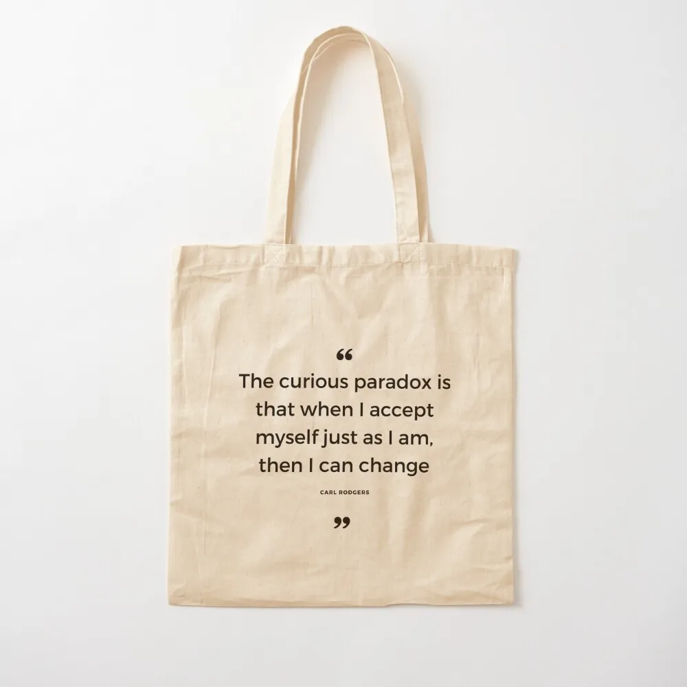 Counselling quotes Carl Rogers - The curious paradox is that when I accept myself just as I am, then I can change. Tote Bag
Counselling quotes Carl Rogers - The curious paradox is that when I accept myself just as I am, then I can change. Tote Bag