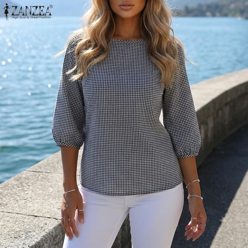 ZANZEA Woman Classic Gingham Blouses with 3/4 Puff Sleeves Round-Neck, Spring Autumn Casual Plaid Day to Night Blusas para Mujer
ZANZEA Woman Classic Gingham Blouses with 3/4 Puff Sleeves Round-Neck, Spring Autumn Casual Plaid Day to Night Blusas para Mujer