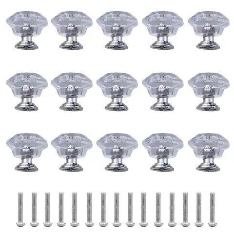 15Pcs Clear Crystal Cabinet Knobs, Pull Handles with Screws, for Kitchen Cupboard Wardrobe