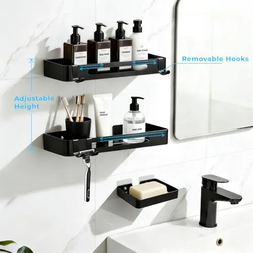 Black 304 Stainless Steel No-Drill Shower Shelf Set With Removable Hooks And Adjustable Height, 3-Pack Bath Organizer
Black 304 Stainless Steel No-Drill Shower Shelf Set With Removable Hooks And Adjustable Height, 3-Pack Bath Organizer