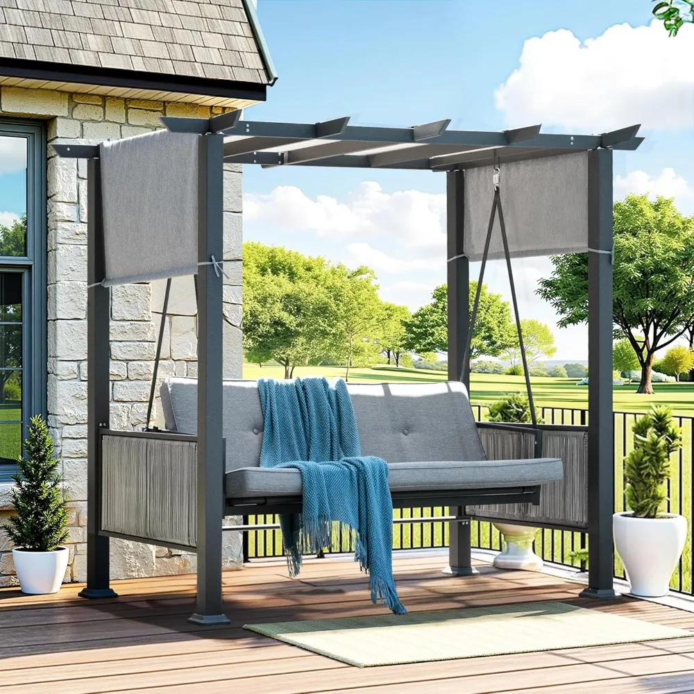 Three-Seat Outdoor Swing Bed with Wicker Armrests and Adjustable Canopy for Patio Use
Three-Seat Outdoor Swing Bed with Wicker Armrests and Adjustable Canopy for Patio Use
