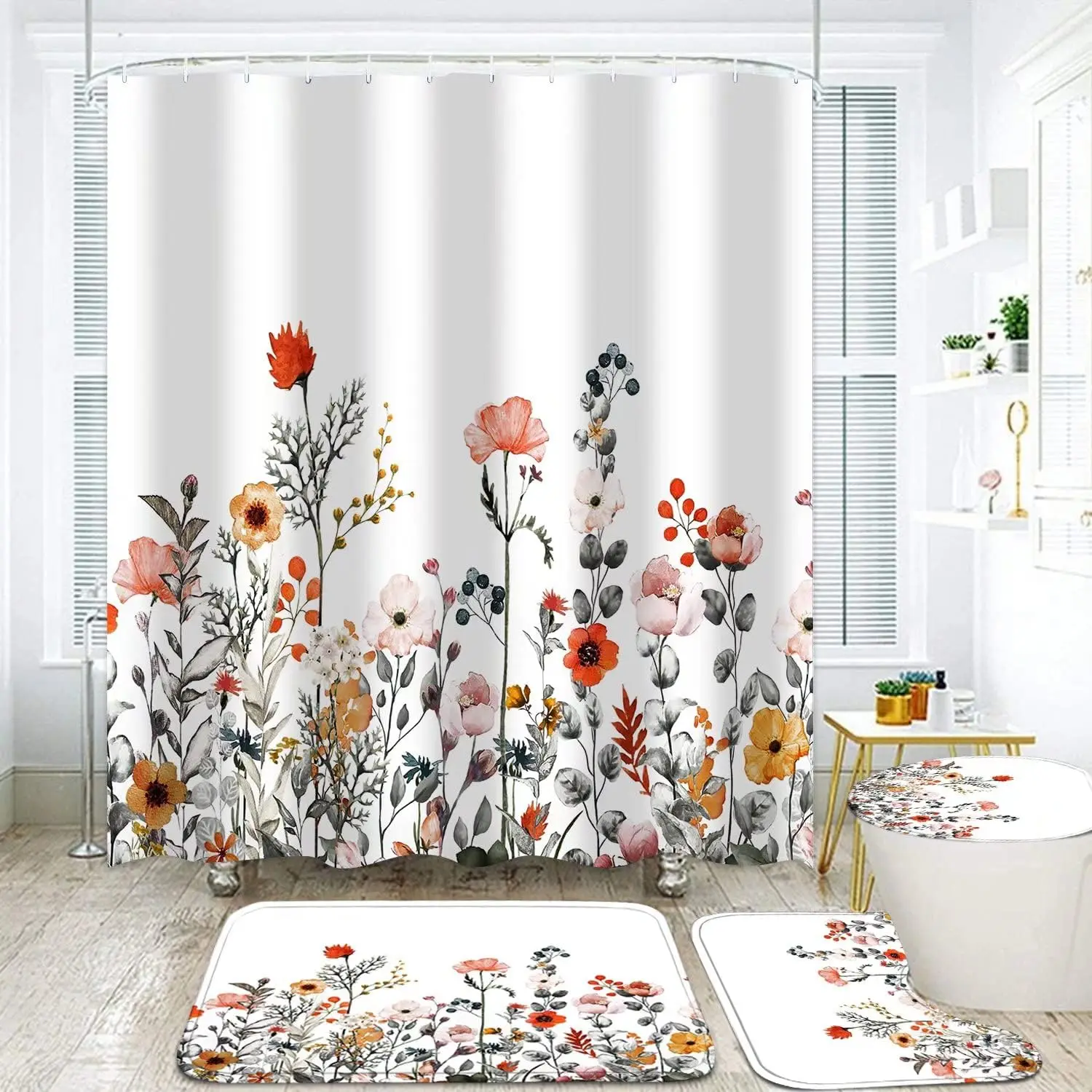 4Pcs Floral Shower Curtain Set with Rugs Colorful Flower Bathroom Set Decor with Non-Slip Rug Bath U-Shaped Mat Toilet Lid Cover
4Pcs Floral Shower Curtain Set with Rugs Colorful Flower Bathroom Set Decor with Non-Slip Rug Bath U-Shaped Mat Toilet Lid Cover