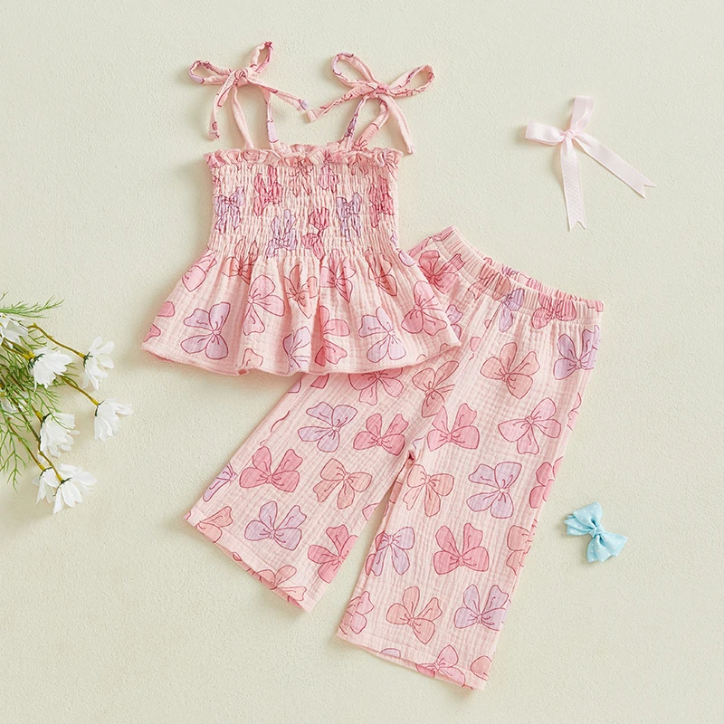 Summer Toddler Baby Girl Outfits Bow Print Sleeveless Smocked Tie-up Camisole Loose Pants 2-Pieces Set
Summer Toddler Baby Girl Outfits Bow Print Sleeveless Smocked Tie-up Camisole Loose Pants 2-Pieces Set