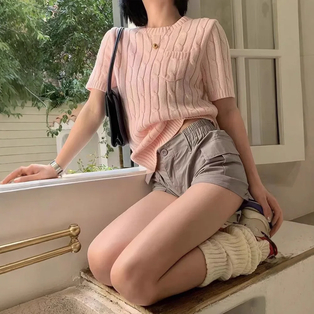 Women's Cable Knit Short Sleeve Top, Oversized Pocket Sweater, Casual Loose Fit Pullover, Embroidered Detail Summer Knitwear
Women's Cable Knit Short Sleeve Top, Oversized Pocket Sweater, Casual Loose Fit Pullover, Embroidered Detail Summer Knitwear