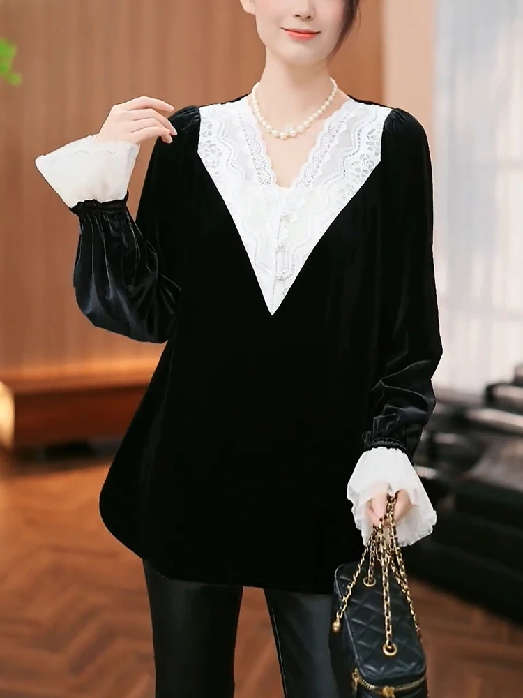 Элегантный вельветовый топ с кружевными вставками, длинными рукавами, свободного кроя, класса люкс, антивозрастной, вязаный, шерстяной, с V-образным вырезом, средней длины, в корейском стиле
Элегантный вельветовый топ с кружевными вставками, длинными рукавами, свободного кроя, класса люкс, антивозрастной, вязаный, шерстяной, с V-образным вырезом, средней длины, в корейском стиле